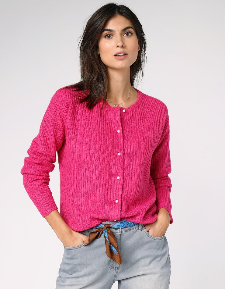Cardigan boutons façon perles, maille anglaise (rose)