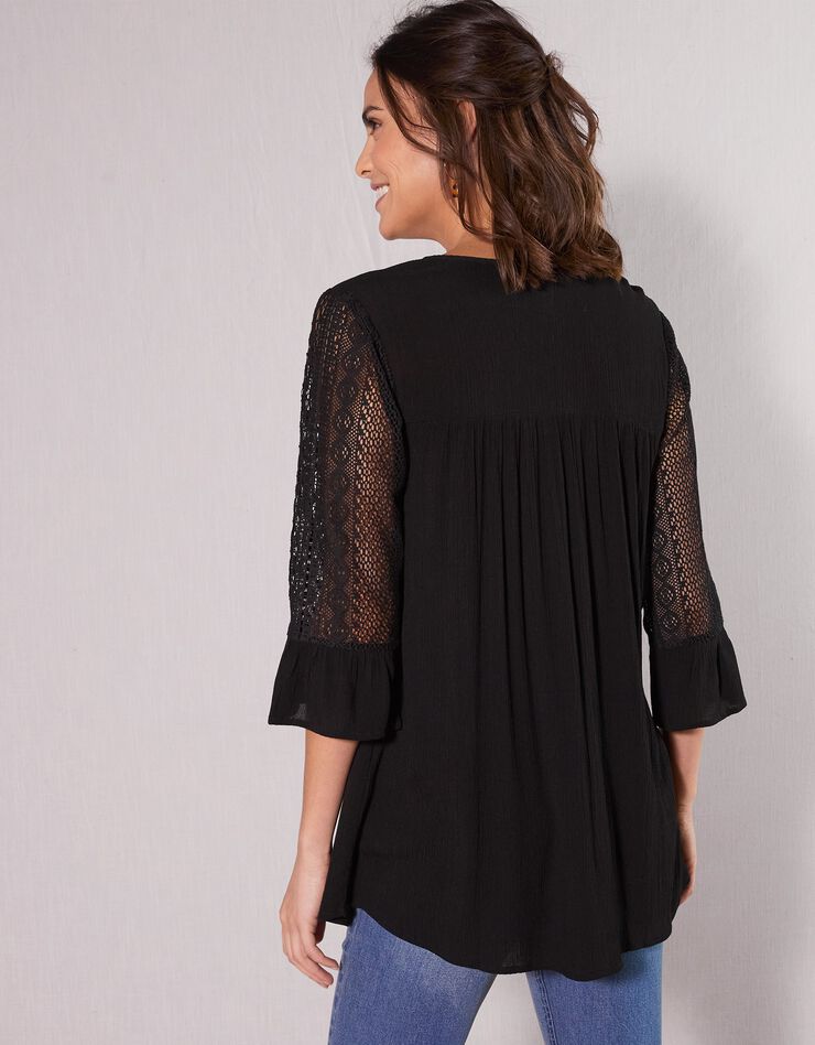 Blouse unie col V manches 3/4 macramé (noir) Blouse unie col V manches 3/4 macramé (noir)