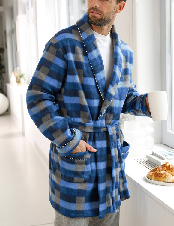 Robe de chambre courte maille polaire (carreaux bleu)