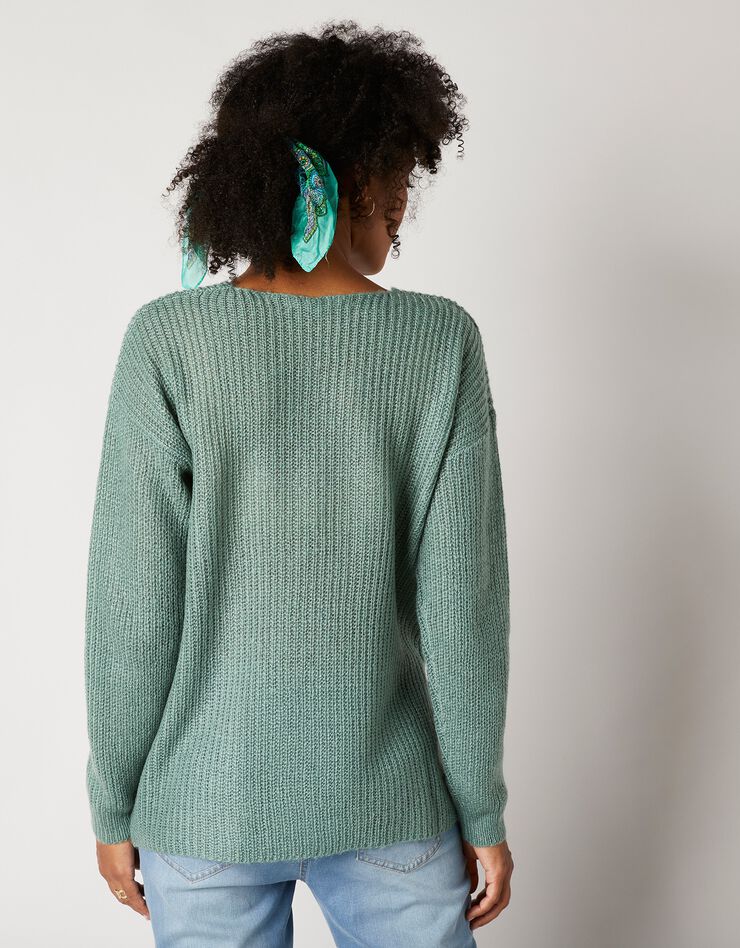 Pull col V, maille anglaise toucher mohair (kaki) Pull col V, maille anglaise toucher mohair (kaki)