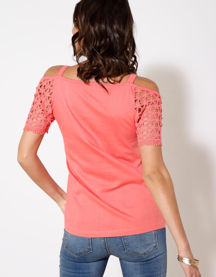 Tee-shirt macramé épaules dénudées (corail) Tee-shirt macramé épaules dénudées (corail)