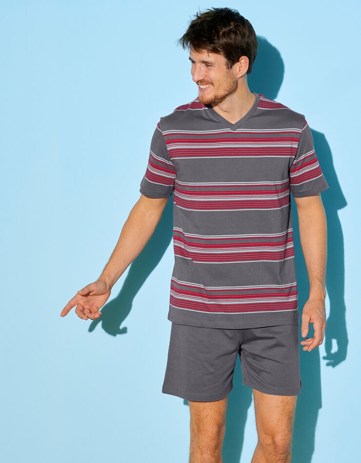 Pyjashort col V coton rayé (gris / rouge) Pyjashort col V coton rayé (gris / rouge)