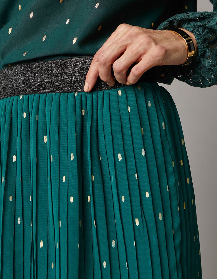Jupe courte plissée imprimée, voile (vert / doré) Jupe courte plissée imprimée, voile (vert / doré)