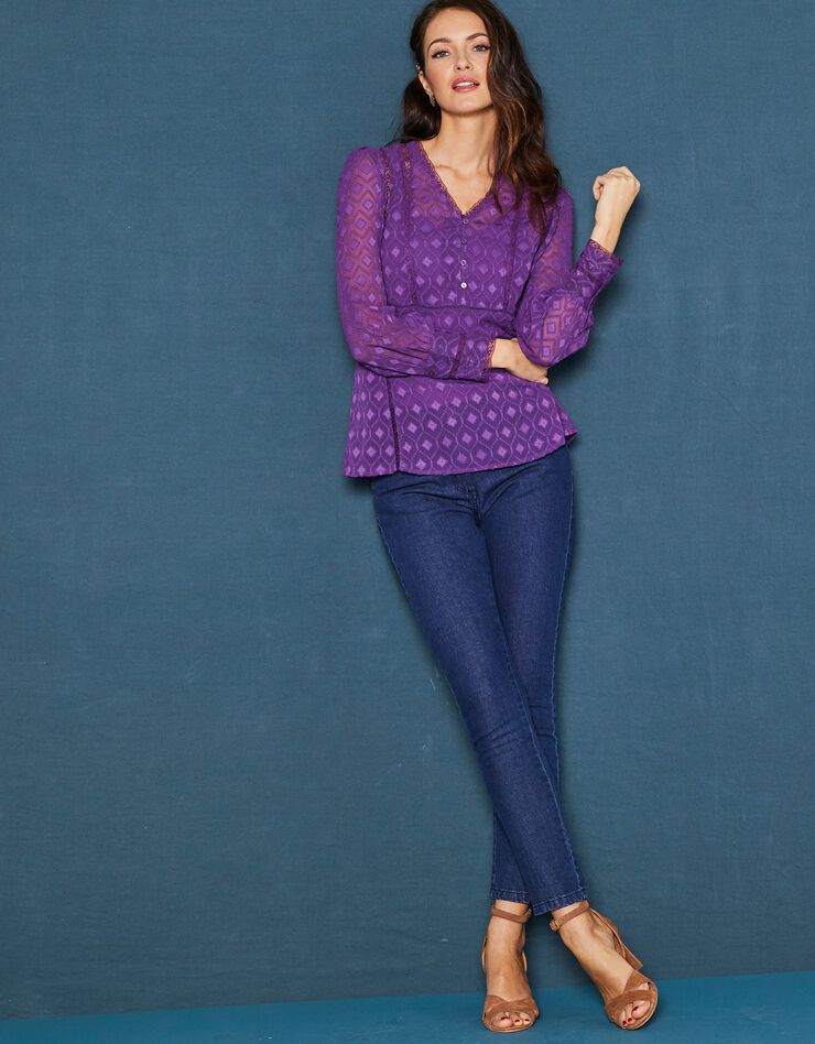 Blouse en voile jacquard dentelle - col V (violet) Blouse en voile jacquard dentelle - col V (violet)