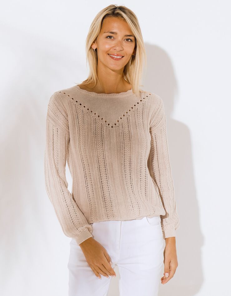 Pull col festonné, maille ajourée fantaisie (ficelle) Pull col festonné, maille ajourée fantaisie (ficelle)