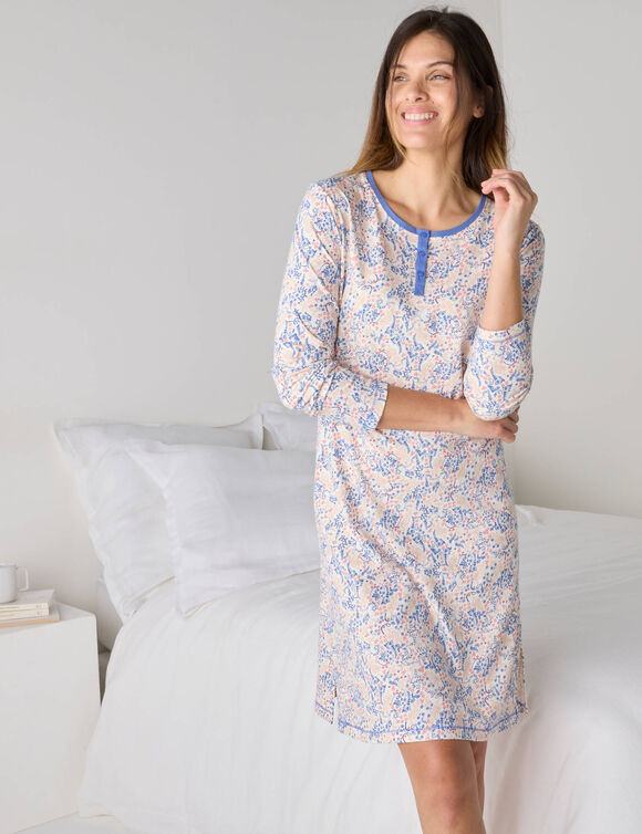 Chemise de nuit manches longues imprimée "oiseaux" (écru / bleu)