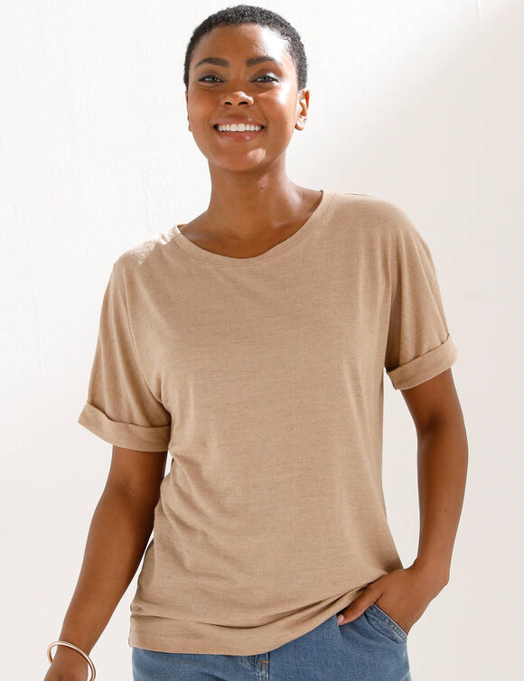 T-shirt col rond en lin m&eacute;lang&eacute;, manches courtes (sable)