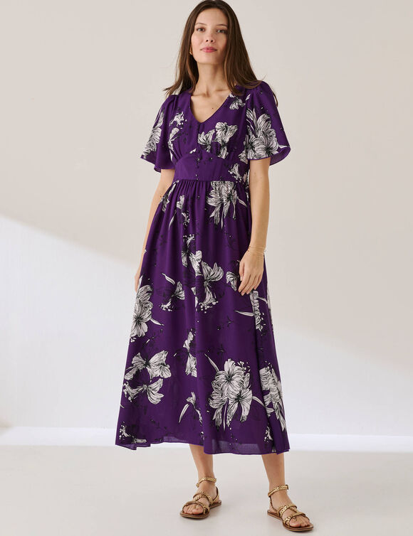 Robe longue imprim&eacute;e, manches &eacute;vas&eacute;es  (violet fonc&eacute;)
