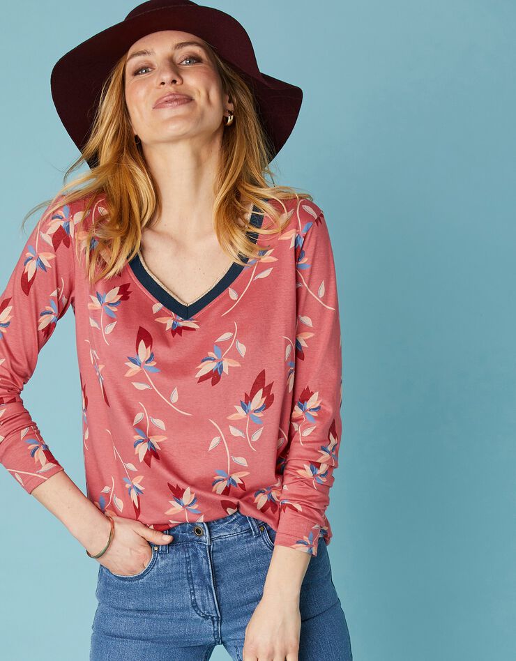 Tee-shirt col V biais doré imprimé fleurs (terracotta / beige) Tee-shirt col V biais doré imprimé fleurs (terracotta / beige)