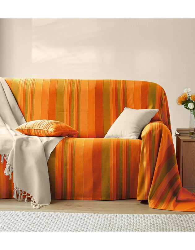 Plaid jeté multicolore coton tissage artisanal (orange)