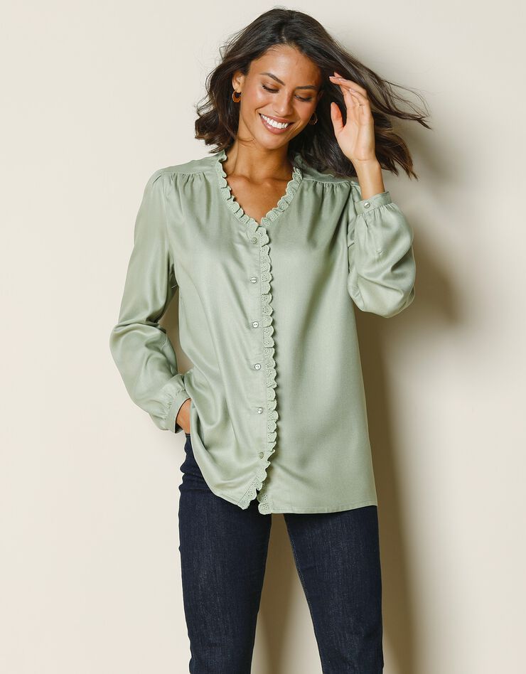 Blouse boutonnée twill et macramé (vert amande) Blouse boutonnée twill et macramé (vert amande)
