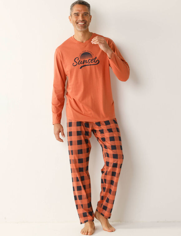 Pyjama coton carreaux manches longues (abricot)