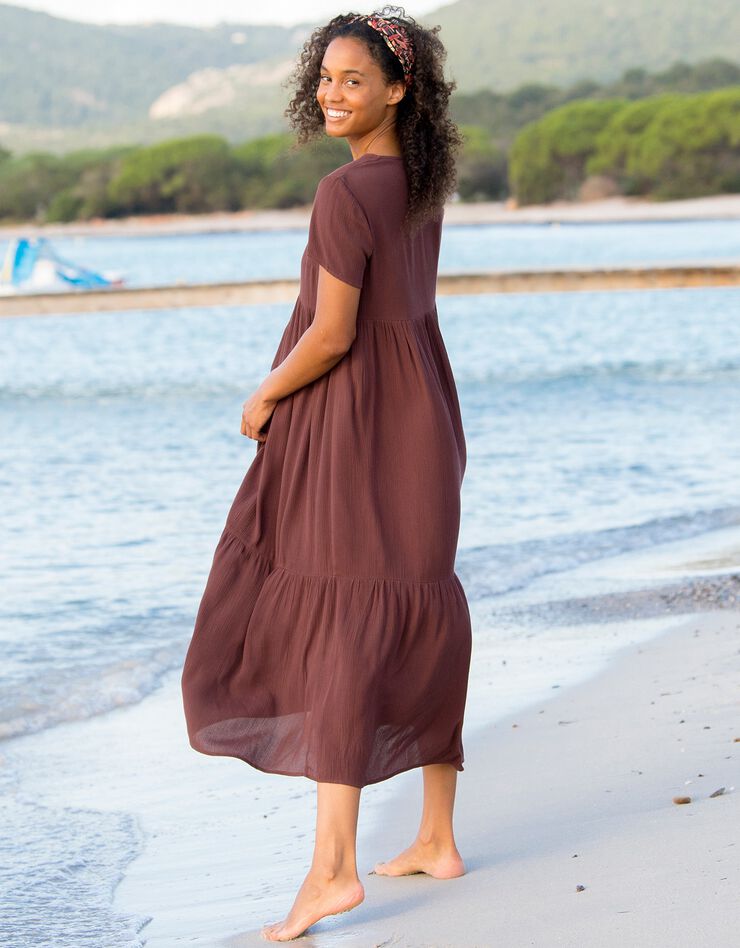 Robe col V longue unie, crépon (chocolat)