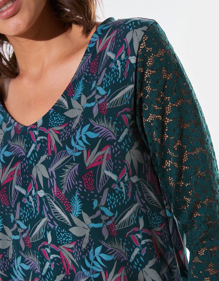 Tee-shirt col V manches 3/4 imprimé, dentelle (bronze) Tee-shirt col V manches 3/4 imprimé, dentelle (bronze)