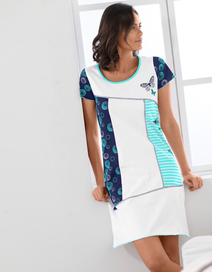 Chemise de nuit imprimée papillons rayures - manches courtes (blanc / marine) Chemise de nuit imprimée papillons rayures - manches courtes (blanc / marine)
