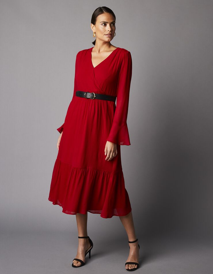 Robe longue volantée manches longues, en voile créponné (rouge)