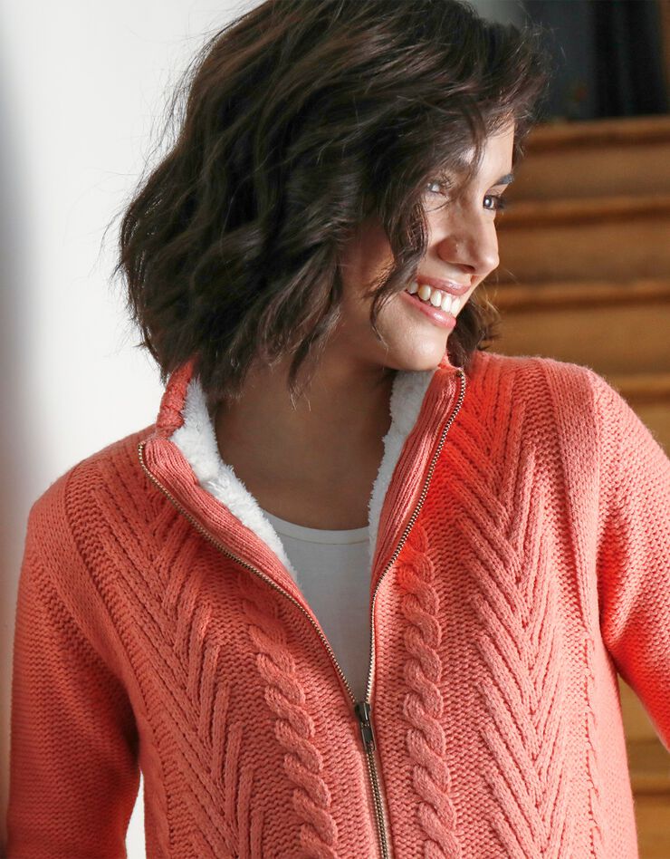 Gilet zippé torsadé doublé maille peluche (corail grisé) Gilet zippé torsadé doublé maille peluche (corail grisé)