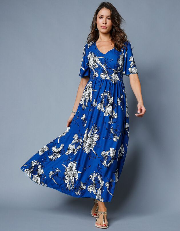 Robe longue imprimée, manches évasées  (bleu)