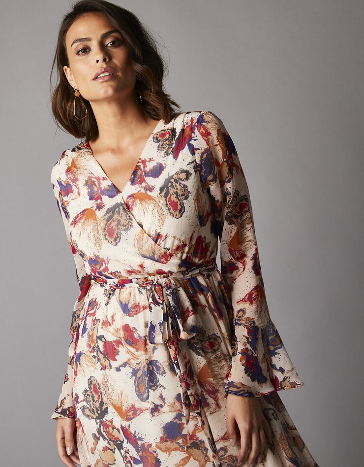 Robe imprimée en voile nouée à la taille, finition volantée (écru / framboise)