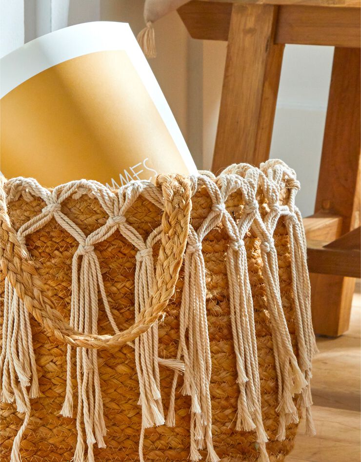Panier rond jute franges en  macramé (jute)