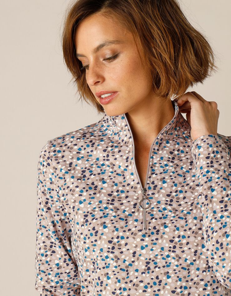 Tee-shirt col montant zippé imprimé (taupe) Tee-shirt col montant zippé imprimé (taupe)
