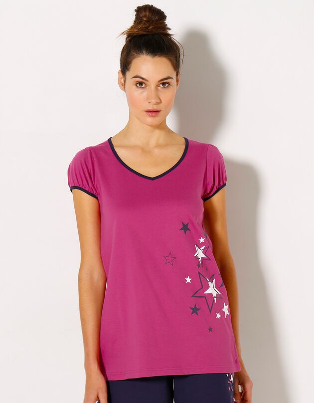 Tee-shirt manches courtes uni + étoiles - jersey coton (fuchsia)