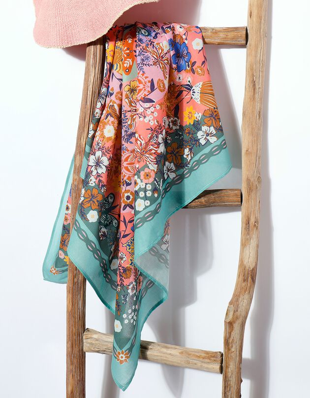 Foulard fabriqué en France imprimé cachemire, 100 x 100 cm  - coton (rose / vert)