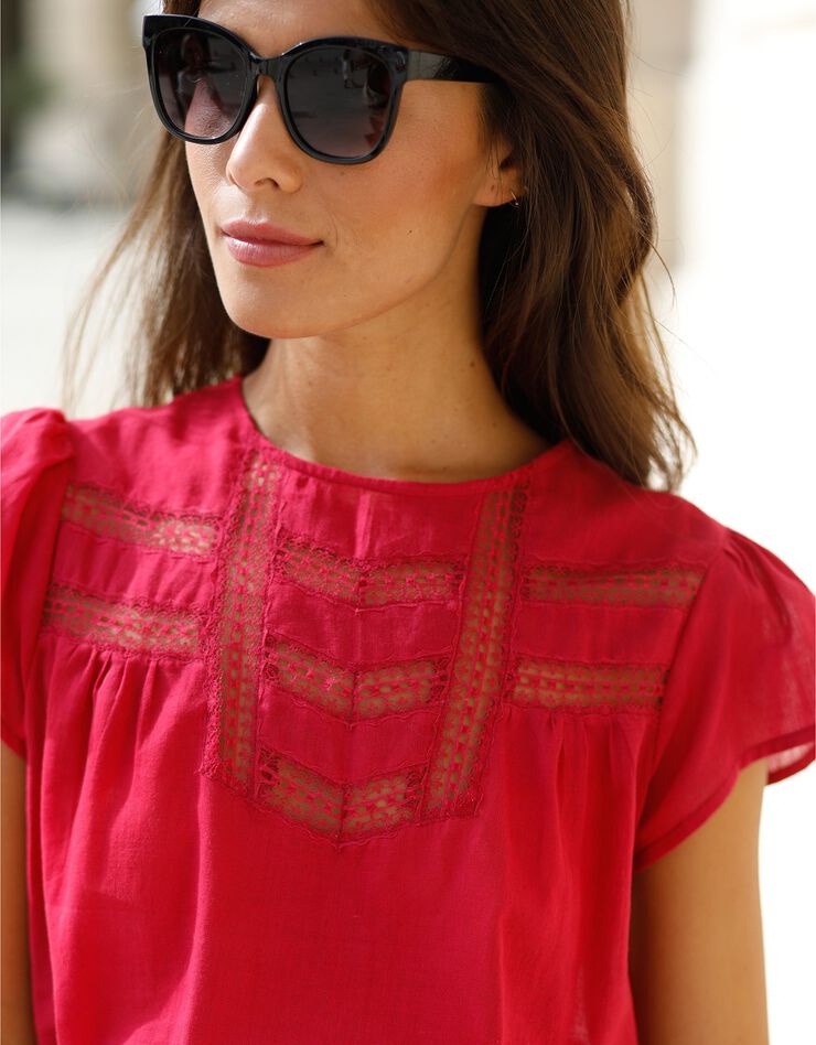 Blouse unie dentelle manches volantées (fuchsia)