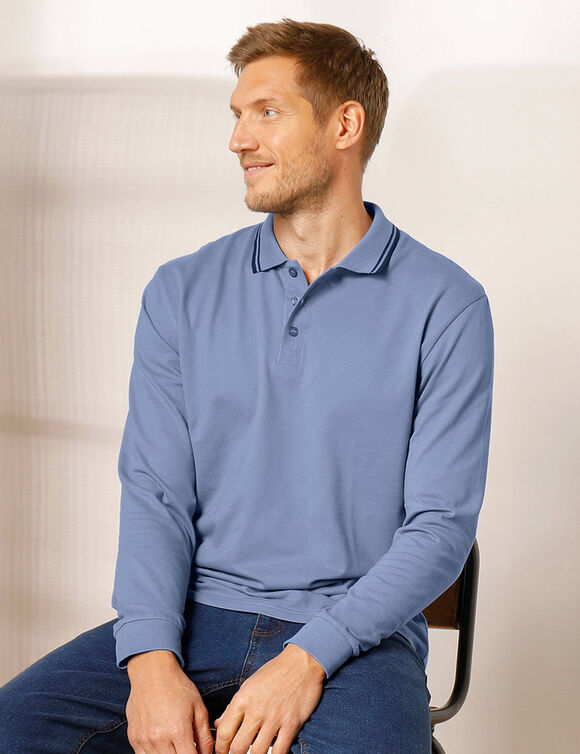 Polo uni maille piquée manches longues (bleu jean)