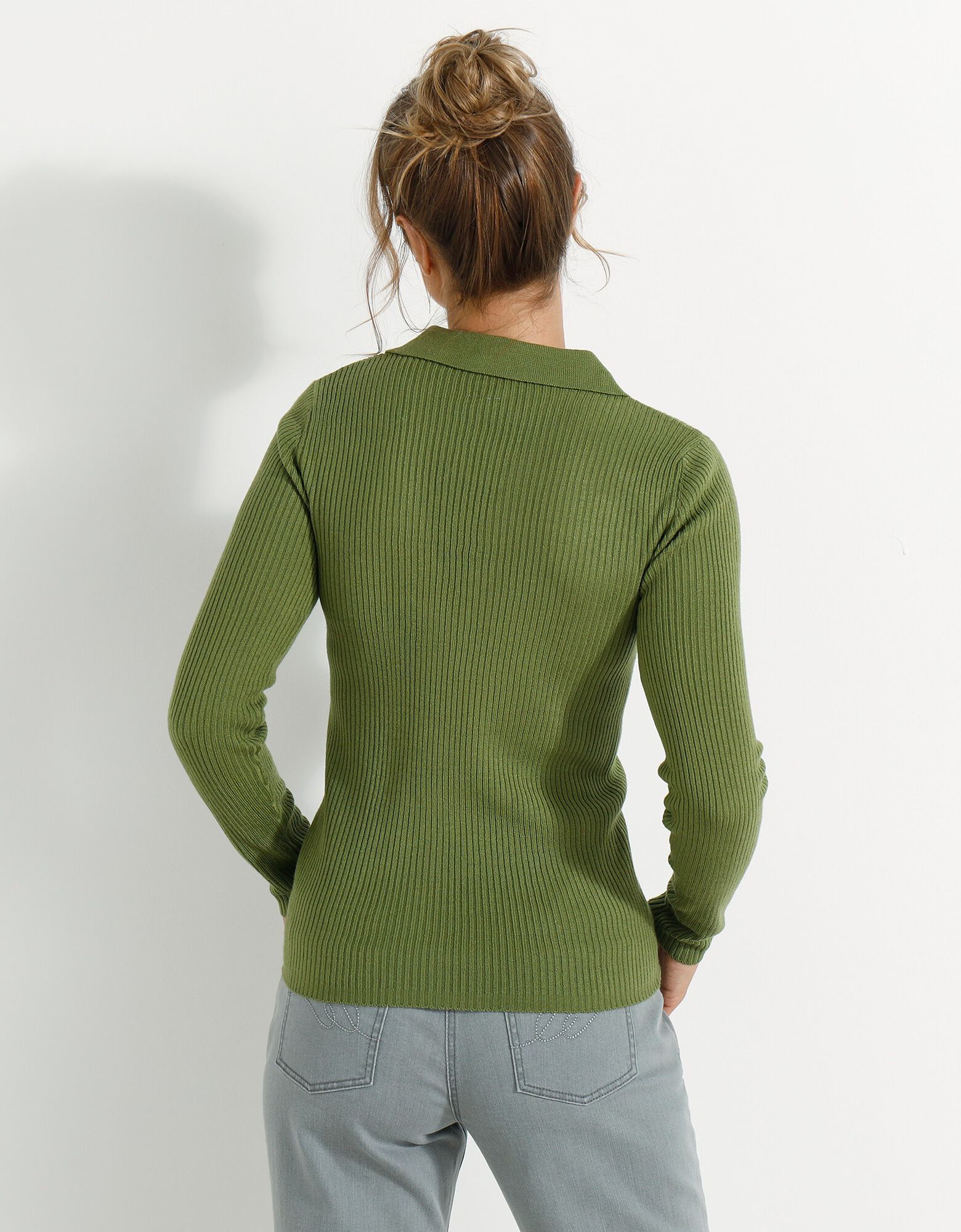 Pull col polo, maille côtelée, vert olive | Blancheporte