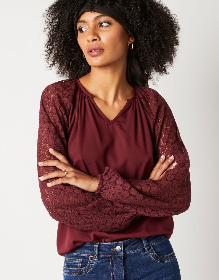 Blouse unie manches dentelle (prune) Blouse unie manches dentelle (prune)