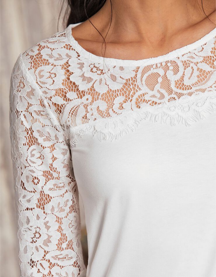 Tee-shirt col rond manches longues, dentelle jersey (blanc) Tee-shirt col rond manches longues, dentelle jersey (blanc)