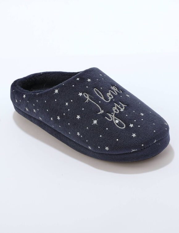 Chaussons mules polaire brod&eacute;s texte (bleu nuit)