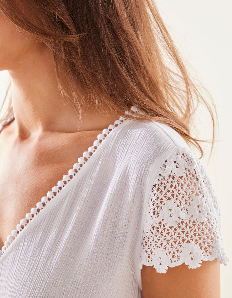 Chemise de nuit crépon de viscose et macramé (blanc)