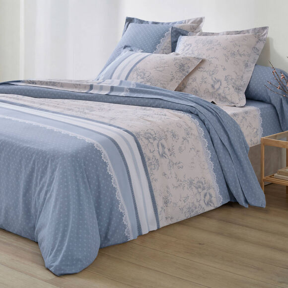 Linge de lit Gabrielle imprim&eacute; pois-fleurs-dentelle - coton 57 fils/cm&sup2; (bleu gris&eacute;)