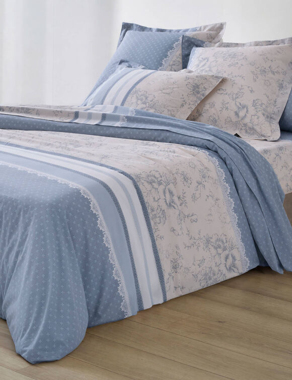 Linge de lit Gabrielle imprim&eacute; pois-fleurs-dentelle - coton 57 fils/cm&sup2; (bleu gris&eacute;)