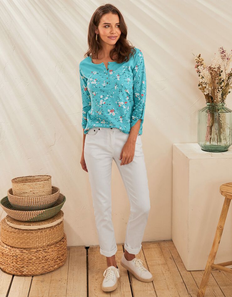 Tee-shirt col tunisien manches longues imprimé fleuri (turquoise) Tee-shirt col tunisien manches longues imprimé fleuri (turquoise)