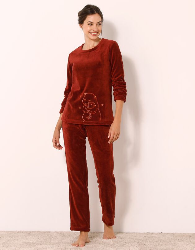 Pyjama broderie "castor" cuivrée maille polaire, toucher peluche (chocolat)