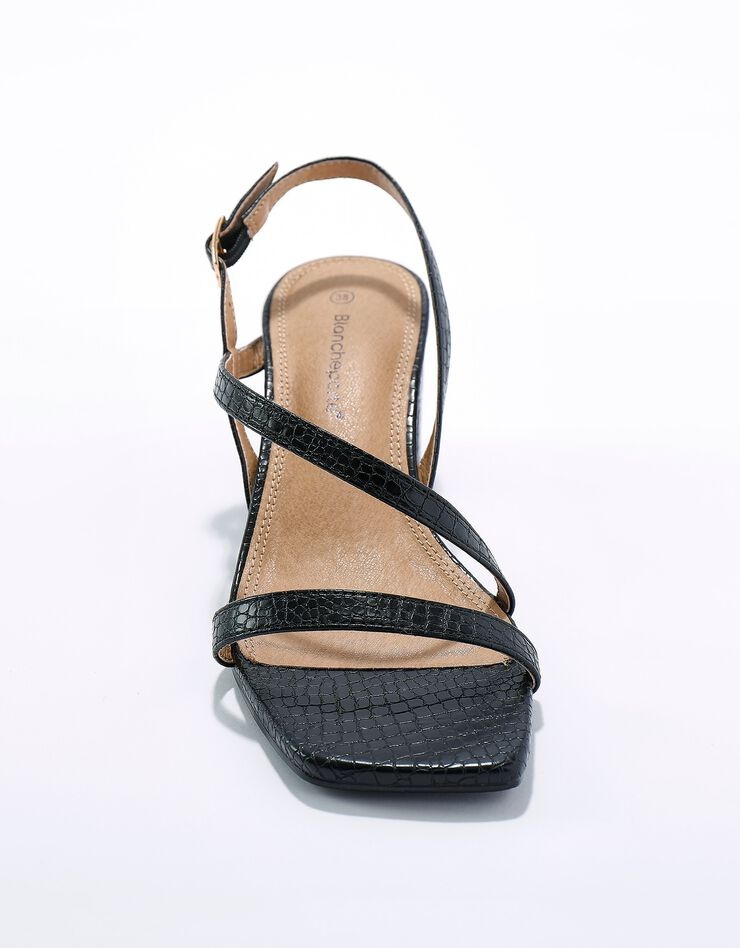 Sandales à fines brides effet croco et talon carré (noir)