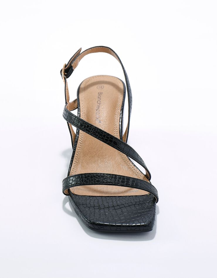 Sandales à fines brides effet croco et talon carré (noir) Sandales à fines brides effet croco et talon carré (noir)