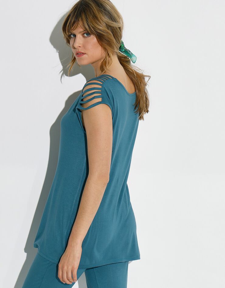 Tee-shirt "boîte" laçage épaules maille unie (bleu grisé) Tee-shirt "boîte" laçage épaules maille unie (bleu grisé)