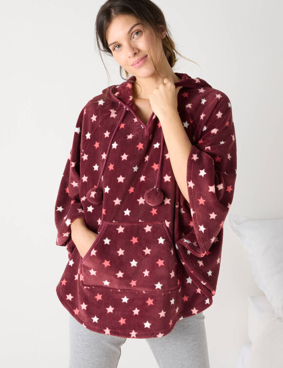 Poncho &agrave; capuche, maille polaire toucher peluche (bordeaux / corail)