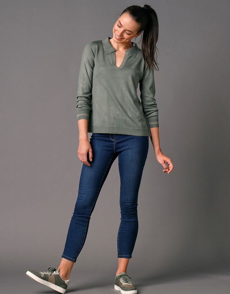 Pull col polo détails brillants, toucher cachemire (kaki) Pull col polo détails brillants, toucher cachemire (kaki)