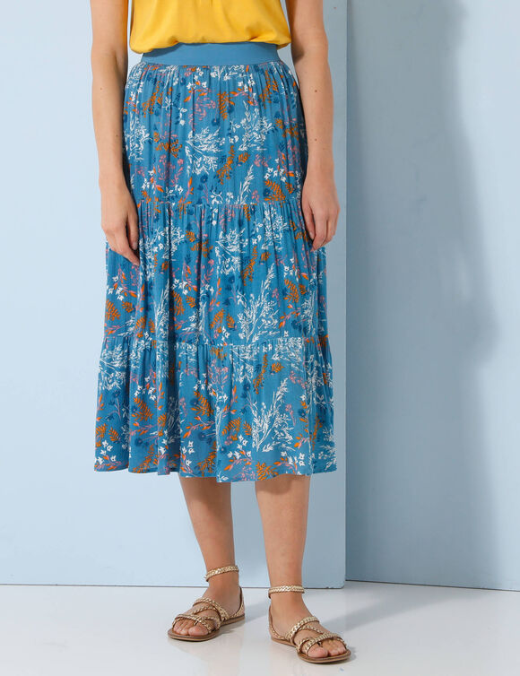 Jupe courte volantée imprimé fleuri, crépon (bleu)