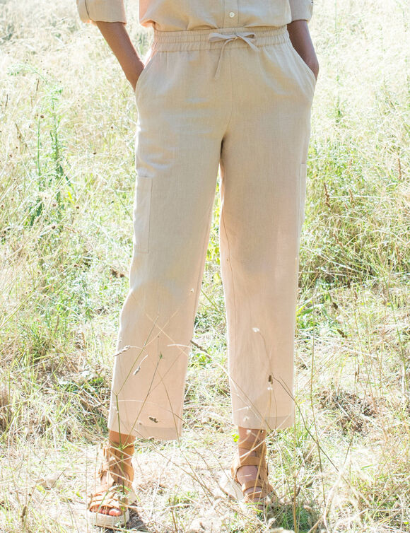 Pantacourt large &agrave; poches en coton-lin (sable)