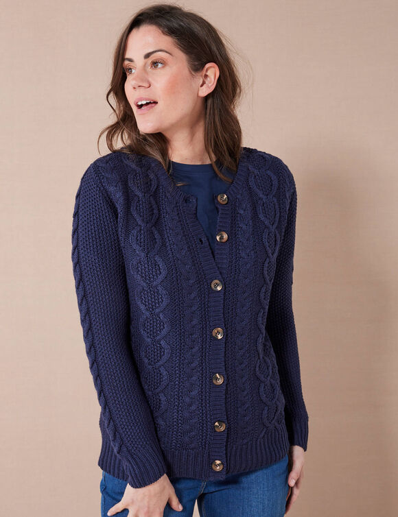 Cardigan boutonné, maille torsadée (bleu marine)