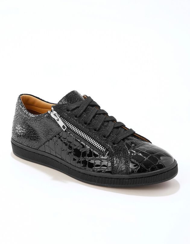 Baskets basses zippées en cuir souple effet croco (noir)