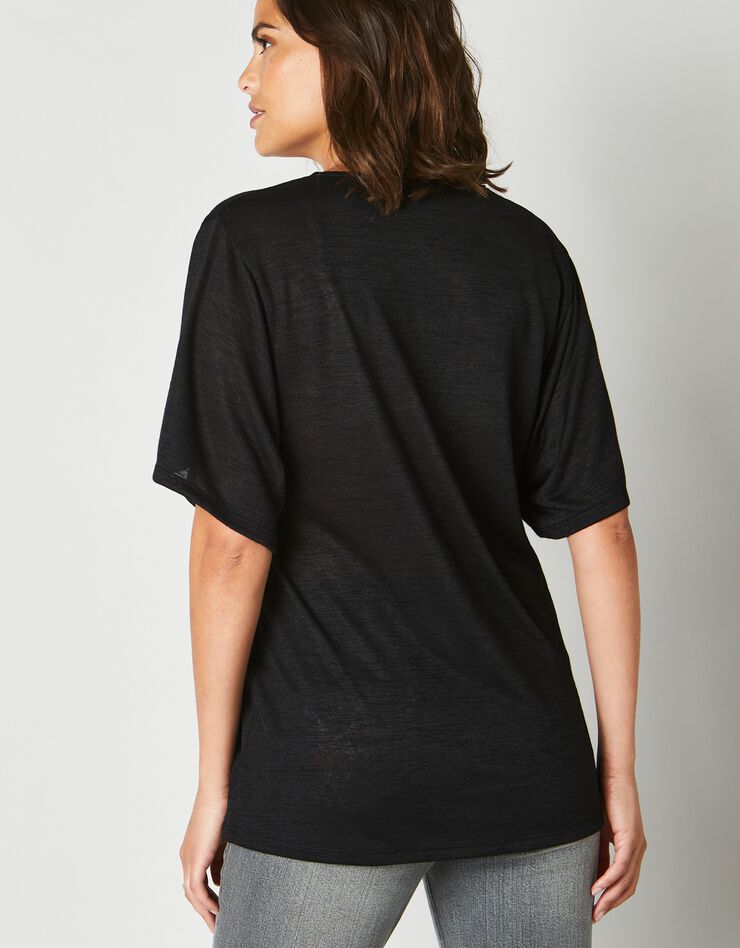 Tee-shirt col V macramé, effet lin (noir) Tee-shirt col V macramé, effet lin (noir)