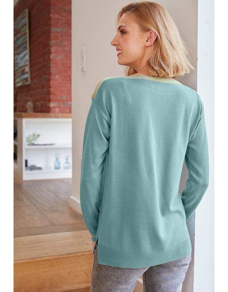 Pull marinière uni, toucher cachemire détails brillants (vert amande) Pull marinière uni, toucher cachemire détails brillants (vert amande)
