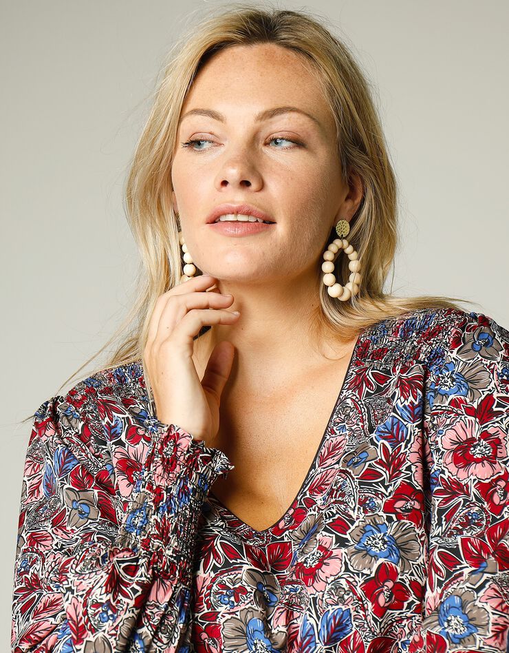 Blouse imprimée romantique col V (noir / rose) Blouse imprimée romantique col V (noir / rose)